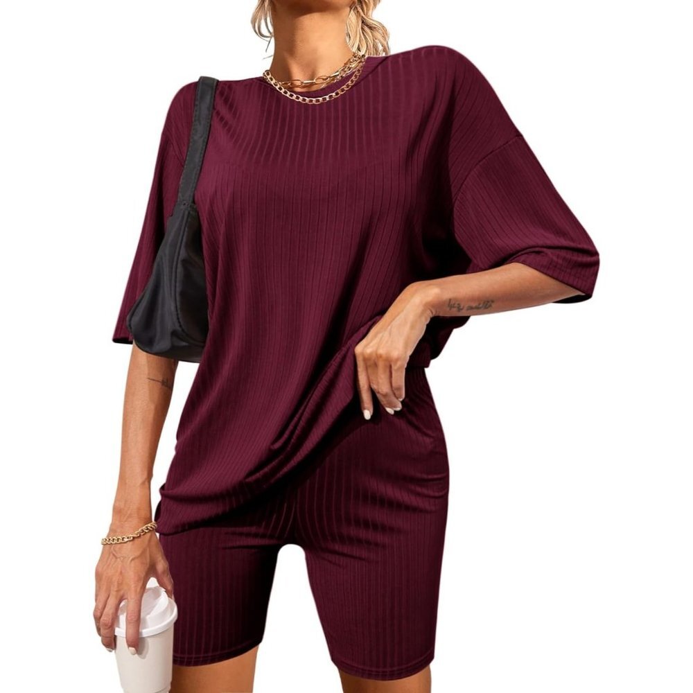 Pajamas 2 Piece Lounge Sets Ribbed Knit Outfits T-Shirt Biker Shorts Sweat suits